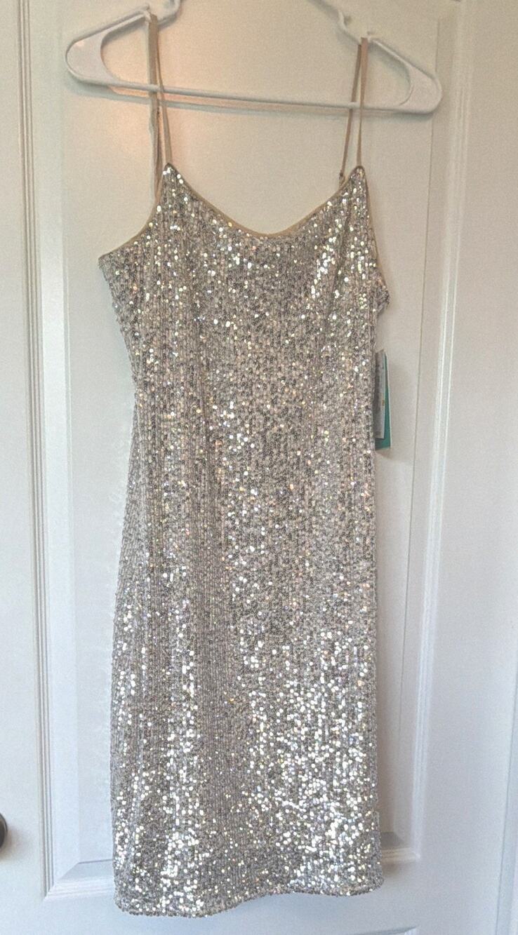 GB Fan Favs Silver Sequin Cowl Neck Slip Bodycon Knee Dress Women Large